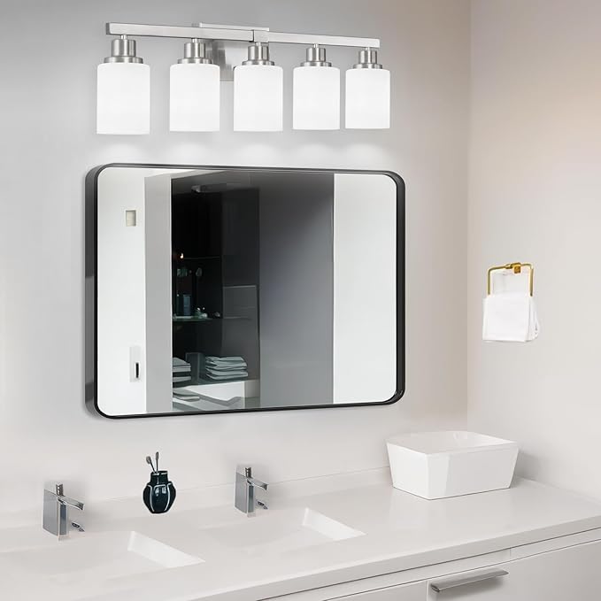 5-Light Bathroom Light Fixtures, 30" Nickel Bathroom Vanity Light with Milky White Glass Shade, Modern Bathroom Wall Lights Over Mirror, Farmhouse Wall Sconces Lighting for Bedroom Living Room