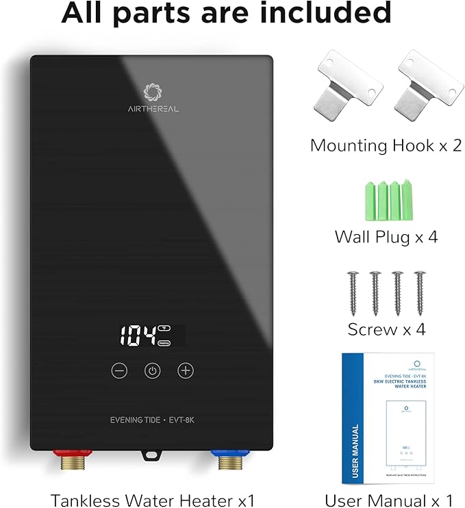 Airthereal Electric Tankless Water Heater, 8kW, 240 Volts - Endless On-Demand Hot Water - Self Modulates to Save Energy - Use for Faucet and Sink, Evening Tide series