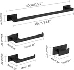 4-Pieces Bathroom Hardware Accessories Set, Towel Rack Towel Bar Toilet Paper Holder Towel Hook Self Adhesive Stainless Steel Towel Rack Set for Bathroom Wall Mounted, Matte Black 16 Inch