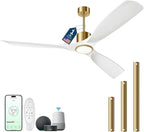 60" White and Gold Ceiling Fan with Lights,Smart Ceiling Fan Work with Alexa/Gg/App/Remote,3-Color Light Dimmable 6-Speed Quiet Reversible DC Motor for Patio Porch Bedroom