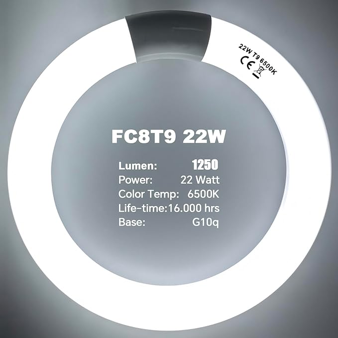 FC8T9 22W and FC12T9 32W Set Daylight, 8 inch T9 22 Watts Circular Light Bulbs, 12 inch 32 Watts Circline Fluorescent Bulb CRI 80, 6500K 3350 Lumen G10q