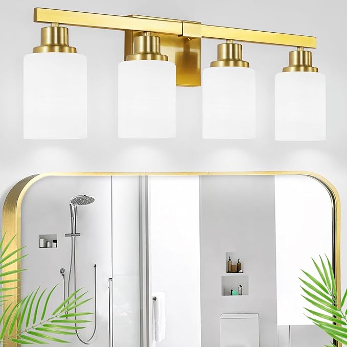 4-Light Gold Vanity Light, Modern Gold Bathroom Light Fixtures Over Mirror with Milky White Glass Shade, Bath Wall Mount Lights Wall Lamp for Mirror Bedroom, Living Room Hallway Kitchen