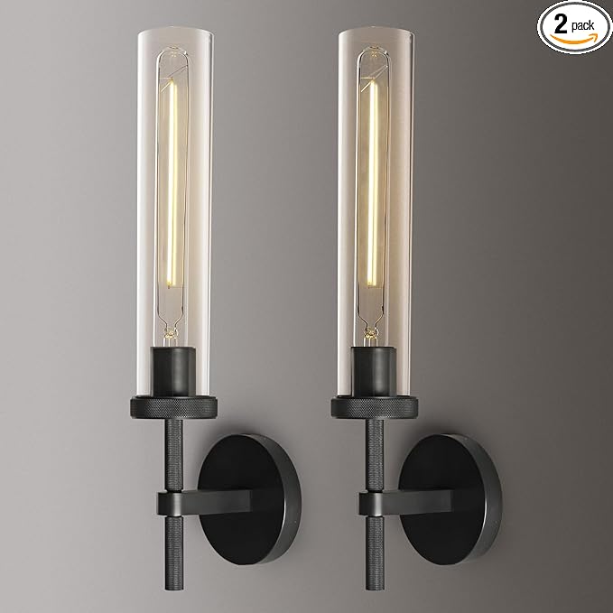 Black Wall Sconces Set of Two, 19" Knurled Black Sconces Wall Lighting, Tube Glass Bathroom Sconces Wall Lights for Bedroom Living Room Vanity Sconce Wall Lamp for Hallway, Staircase