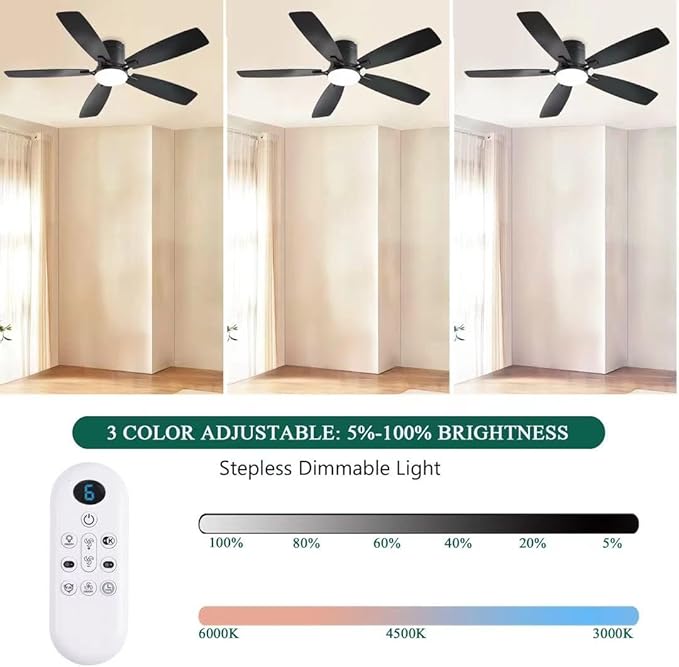 52inch Ceiling Fans with Lights, Low Profile Ceiling Fan with Light and Remote Control/APP Control, Flush Mount, Reversible DC Motor, Dimmable, Noiseless, Black Ceiling Fan for Bedroom