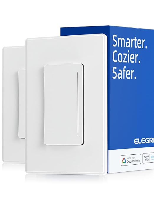 ELEGRP Smart Dimmer Light Switch DTR30, Single Pole or 3 Way, 2.4GHz Wi-Fi Touch Dimmer Compatible with Alexa/Google Assistant, Needs Neutral Wire, No Hub Required, UL and FCC Listed, White, 2 Pack