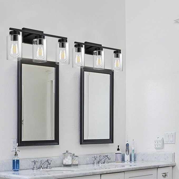 3-Light Bathroom Vanity Light, Modern Black Wall Lights with Clear Glass Shades, Bathroom Wall Sconce Lamp for Mirror Living Room Bedroom Hallway