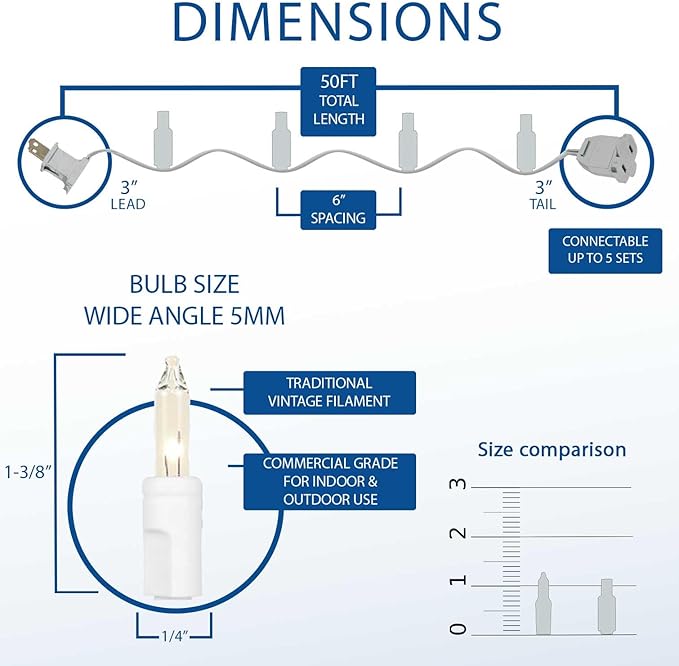 Novelty Lights 50 Feet 100 Bulb Incandescent Mini Light String, Multicolor with 6-Inch Spacing on White Wire, UL Listed Commercial Grade Indoor/Outdoor Mini Lights, Connectable End-to-End