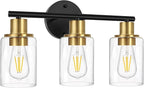3-Light Bathroom Light Fixtures, Black and Gold Bathroom Wall Lights, Modern Vanity Light with Clear Glass Shade, Bathroom Wall Lamp for Mirror Kitchen Bedroom Hallway Cabinet