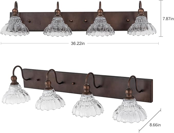 EDISLIVE Vintage Vanity Light for Bathroom ORB 4-Light Bath Wall Light Fixture with Clear Flower Glass Shades 36.22" E12 Antique Wall Sconce for Bedroom Hallway Living Room Vanity Mirror