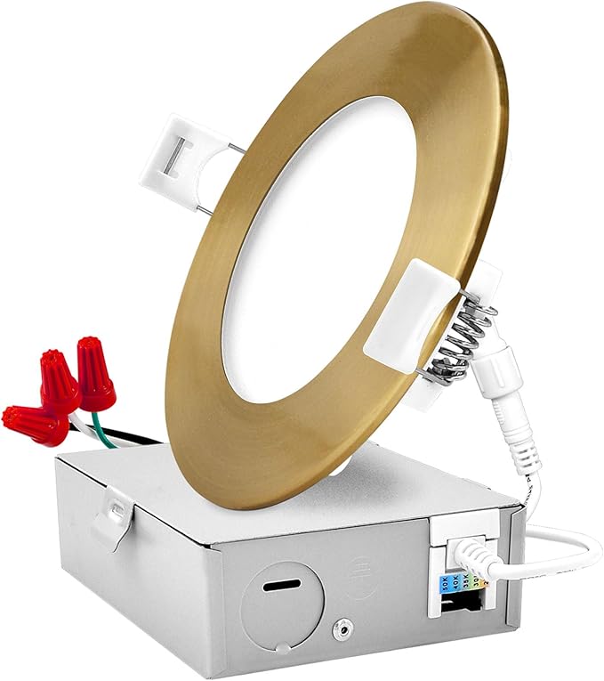 LUXRITE 4 Inch Ultra Thin LED Recessed Light with J-Box, 10W, 5 Color Options 2700K | 3000K | 3500K | 4000K | 5000K, Dimmable Wafer Lights, 750 Lumens, Brass Trim, Energy Star, IC Rated