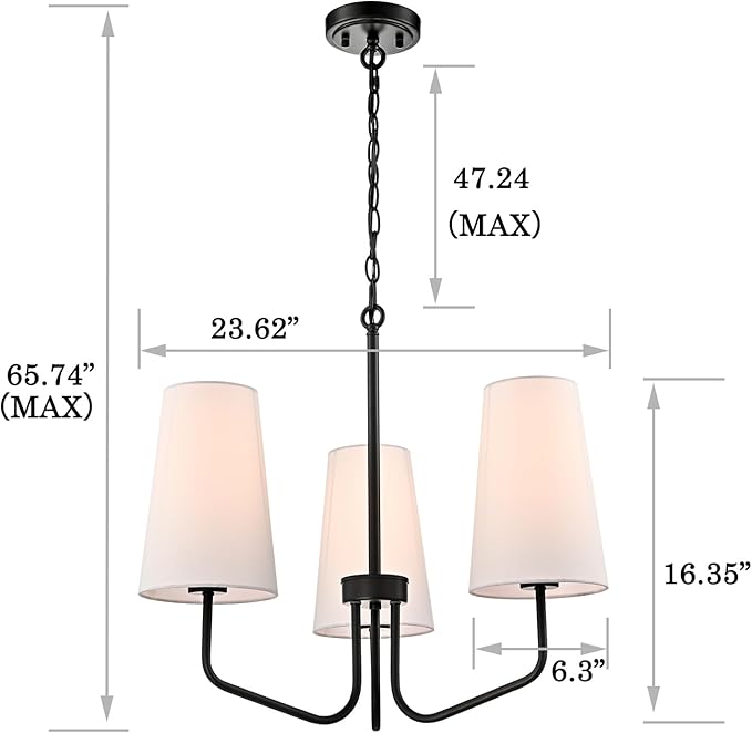 3-Light Black Metal Chandelier with Fabric Shade Adjustable Height Pendant Light for Kithchen,Hallway,Dining Room,Kitchen,Bar