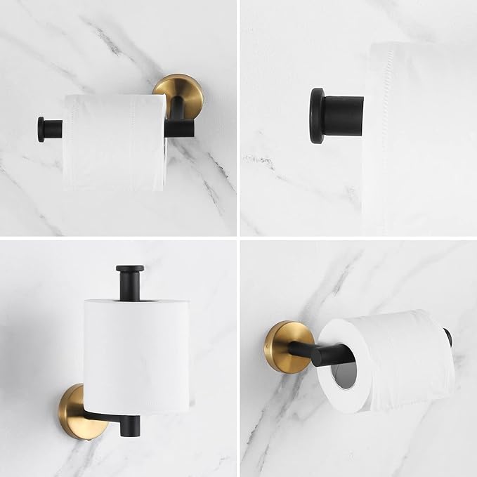 Bathroom Hardware Set Black and Gold，Towel Bar Set Including 2pcs 16inch Towel Bars, 2pcs Toilet Paper Holders, 2pcs Towel Rings and 4pcs Robe Towel Hooks