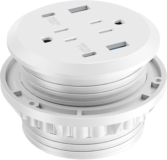 3 inch Desktop Power Grommet USB C,65W Fast Charging Station,Furniture Recessed Power Strip,2 Outlets,4 USB Ports,Flush-Mount for Desktop, Workspace Essential Desk Outlet,2 Pack (White)