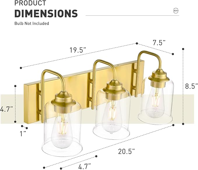 zeyu 21 Inch Gold Bathroom Light Fixtures, 3 Light Bathroom Vanity Light, Modern Vanity Light with Clear Glass Shade, Brushed Gold Finish, ZSL72B-3W BG