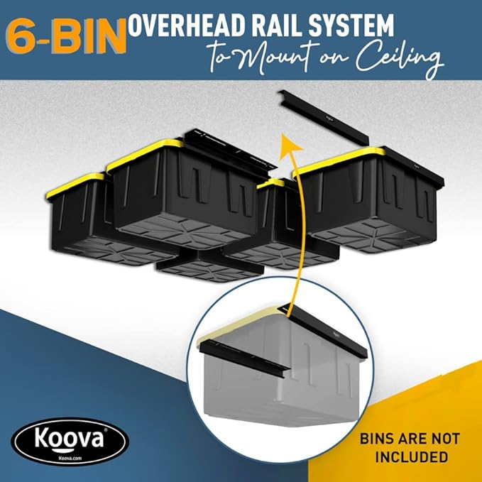 Koova Heavy-Duty Overhead Garage Storage Rack for 6 Bins. Adjustable Width, 240lb Capacity. DIY Safe Mount, Easy Install. Fits 27-Gallon Totes. USA Made Pro-Grade Steel. Space Saving Organizer