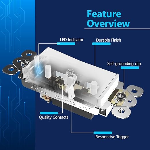 LIDER Minimalist Design Matte Finish Lighted Decorator Switch, Frameless Paddle Light Switch with Locator Light, Grounding Screw, 15A 125V, UL Listed, LS15-1P-W5P, White, 5 Pack