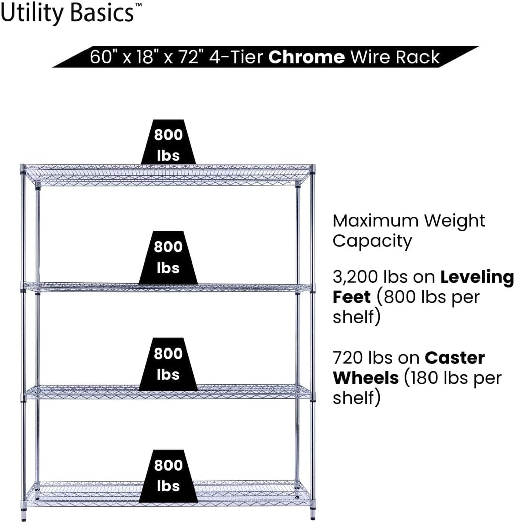 60"x18"x72" Chrome Premium Metal Steel Wire Shelving 4-Tier NSF 3200 LBS MAX Capacity Heavy Duty Storage Rack for Garages, Commercial Spaces, Hospitals, & Schools w/Premium Wheels