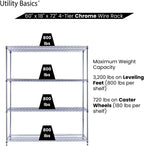 60"x18"x72" Chrome Premium Metal Steel Wire Shelving 4-Tier NSF 3200 LBS MAX Capacity Heavy Duty Storage Rack for Garages, Commercial Spaces, Hospitals, & Schools w/Premium Wheels