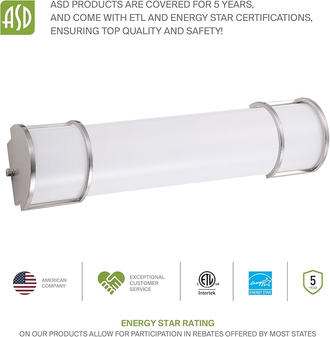 ASD LED 48" Vanity Flush Mount Light Fixture, Linear Bathroom Lighting Bar | 3CCT, Dimmable, Energy Star, ETL Listed | 35W 3200LM 3000-5000K 120V | Long Tube Bath Wall Sconce Over Mirror | Nickel