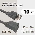 10ft Outdoor Extension Cord for Christmas Decorations - 16/3 Heavy Duty SJTW Waterproof Gray Electrical Cable with 3 Prong Grounded Plug for Safety, Great for Lawn and Major Appliances