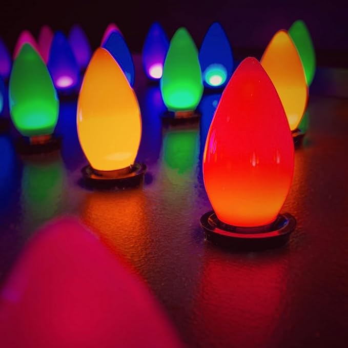 25 Pack C7 Multicolor Ceramic Christmas Lights Replacement Bulbs, 5W E12 Candelabra Base Incandescent Bulbs for Outdoor String Lights Xmas Tree Patio Holiday Party Decor