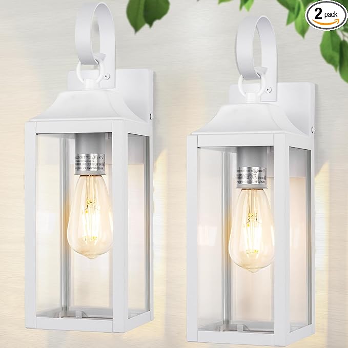 2 Pack Outdoor Light Fixtures Wall Mount, 15 Inch White Exterior Wall Sconces Waterproof, Large Outside Lights for House, Modern Wall Lanterns Clear Glass