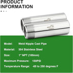 TAISHER 2PCS 304 Stainless Steel Pipe Fittings, 1" NPT Male Threaded, 4" Length Weld Nipple Cast Pipe