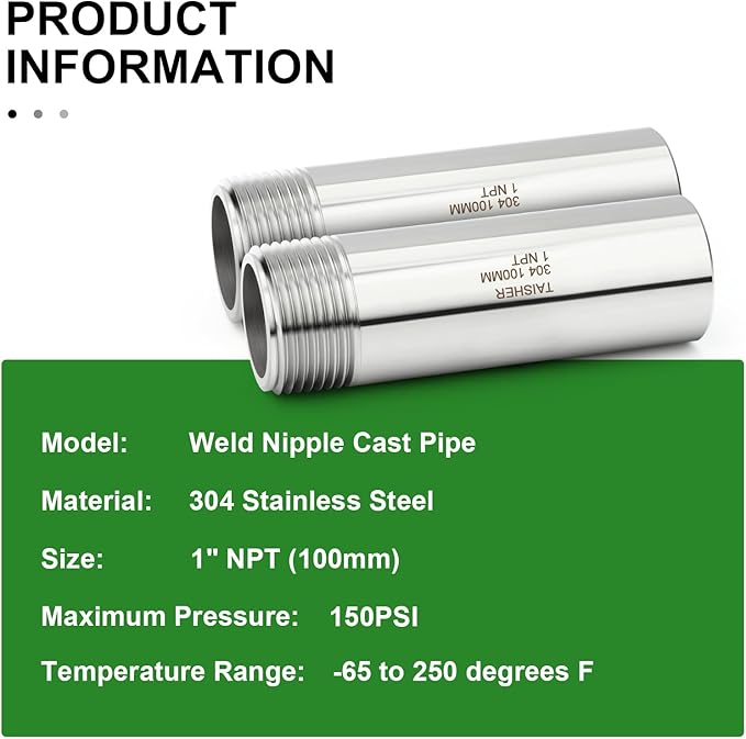 TAISHER 2PCS 304 Stainless Steel Pipe Fittings, 1" NPT Male Threaded, 4" Length Weld Nipple Cast Pipe