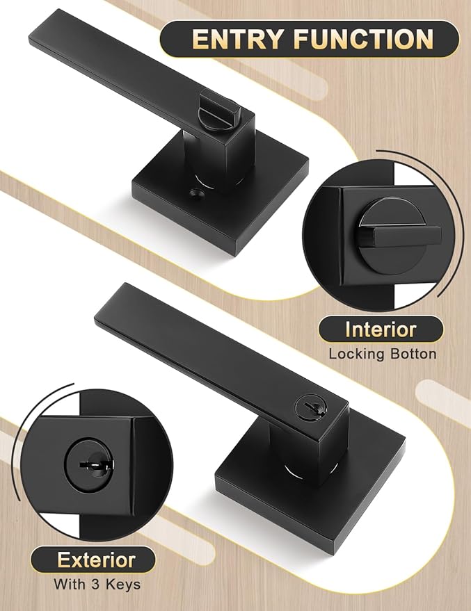 Square Entry Door Lever with Lock and Key, Matte Black Entrance Door Handles, for Exterior or Interior Doors,1 Pack (Each with 3 Keys)