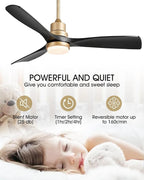 52" Modern Black and Gold Ceiling Fan with Lights and Remote, ETL Listed, 3 Downrods, 3 Wood Blade Gold Black Ceiling Fans, Reversible Quiet DC Motor, 3 Timer for Outdoor Patio Waterproof Bedroom