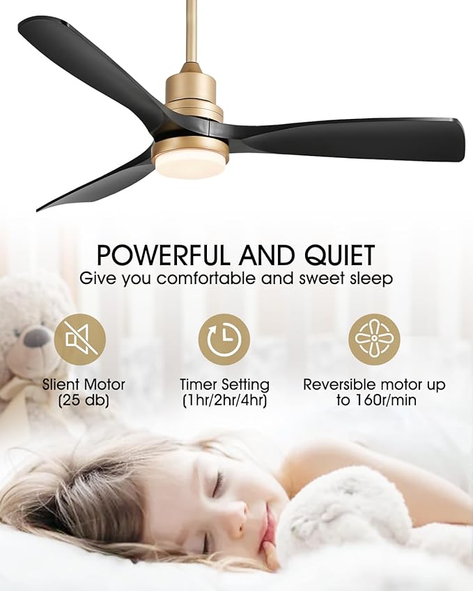 52" Modern Black and Gold Ceiling Fan with Lights and Remote, ETL Listed, 3 Downrods, 3 Wood Blade Gold Black Ceiling Fans, Reversible Quiet DC Motor, 3 Timer for Outdoor Patio Waterproof Bedroom