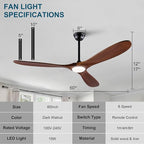 60 inch Wood Ceiling Fans with Lights and Remote,6 Speed Reversible DC Motor Indoor Outdoor Ceiling Fan for Patio,Living Room,Bedroom Black High Air Volume