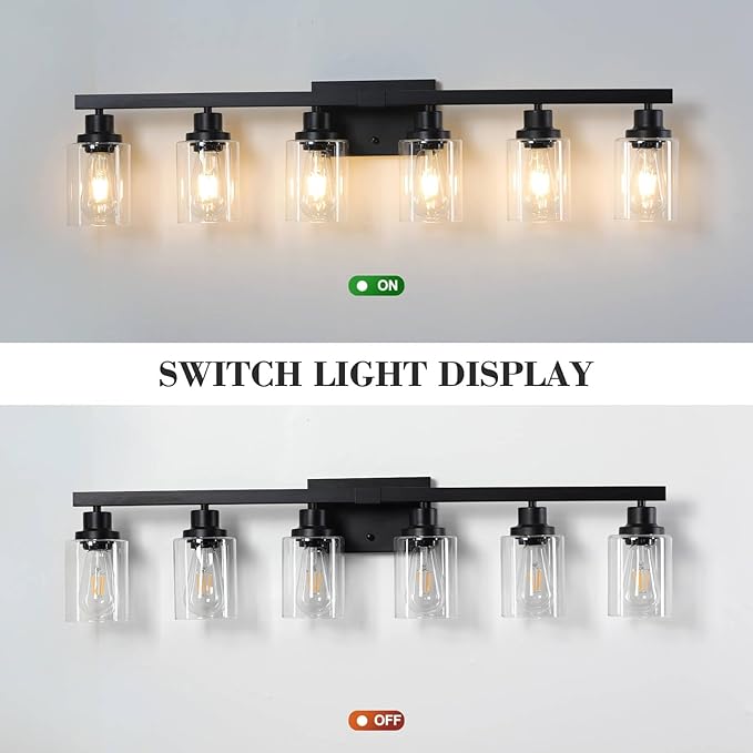 6-Light Black Vanity Lights 38'' Modern Bathroom Vanity Lighting Fixtures Above Mirror， Industrial Matte Bathroom Light Fixtures, Bath Wall Light Fixtures, Black Wall Sconces