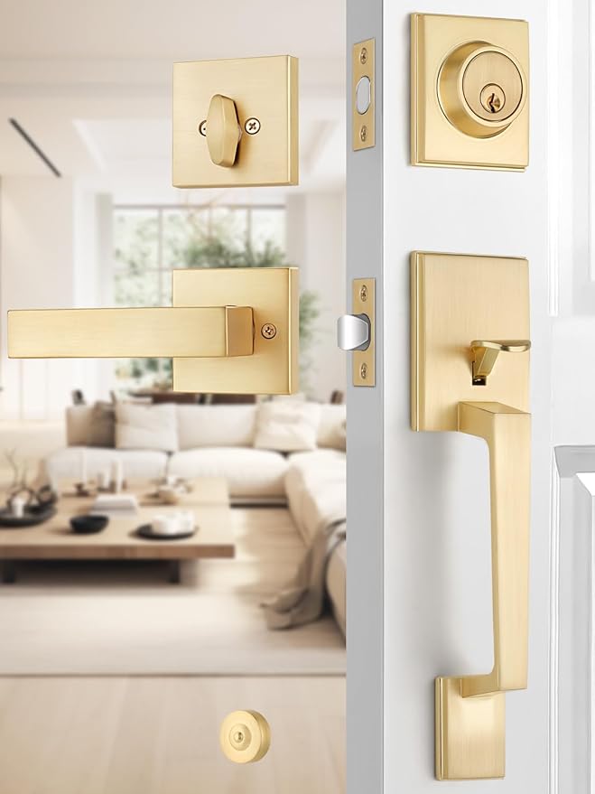 1 Set Entry Door Handle and Single Cylinder Deadbolt Lock and Key, Brass Front Door Lock - Heavy Duty Square Locking Lever Set - Exterior Door Handle in Satin Brass Finish