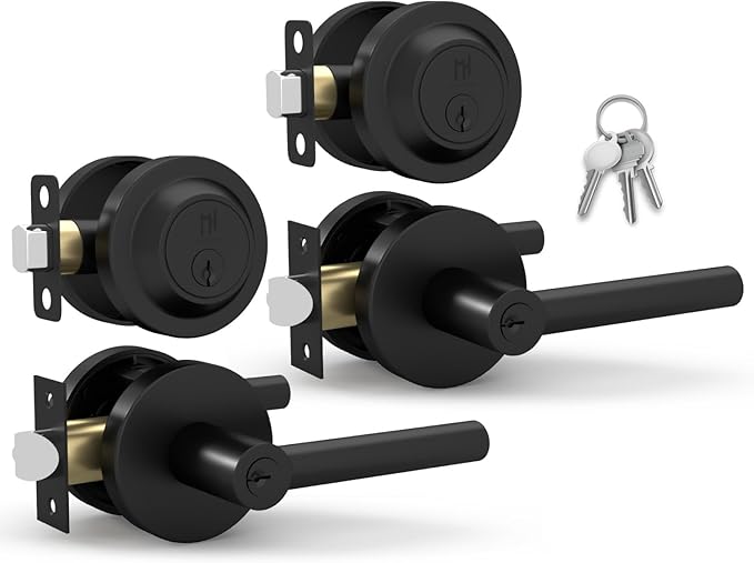 Mega Handles Ronn Entrance Combo, Entry Lever Door Handle and Single Cylinder Deadbolt Lock and Key, Heavy Duty Door Levers Set for Left or Right-Handed Doors - Matte Black (2 Pack) Keyed Alike