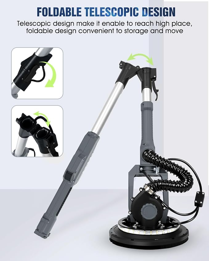 Drywall Sander, 7.2A Electric Drywall Sander with Vacuum Dust Collection, LED Light, 6 Variable Speed Digital Display 900-1800RPM, Foldable & Extendable Handle (GREY)