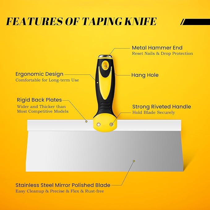 Mister Rui Taping Knife, 14 Inch Stainless Steel Drywall Tools, Soft Grip Handle, Spackle Knife, Taping Tools for Effortless Drywall Repairs & Finishing Touches