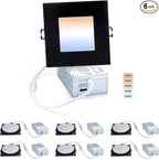 4-inch LED Canless Recessed Slim-Downlight 5 CCT Adjustable Dimmable Recessed Lights Fixture with Junction Box, Ceilling Light with Junction Box, 2700-5000K, 9W, Black Square Finish, 6 Pack