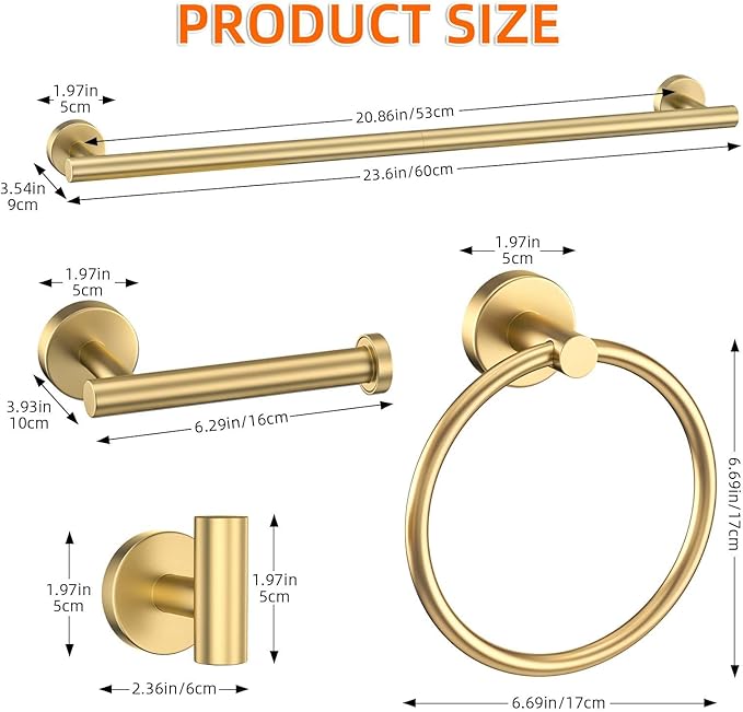 Brushed Gold 6 Pieces Bathroom Hardware Accessories Set Gold Towel Bar Set,Modern Towel Holder Set for Bathroom,Stainless Steel Towel Rack Set Wall-Mounted 23.6 Inch