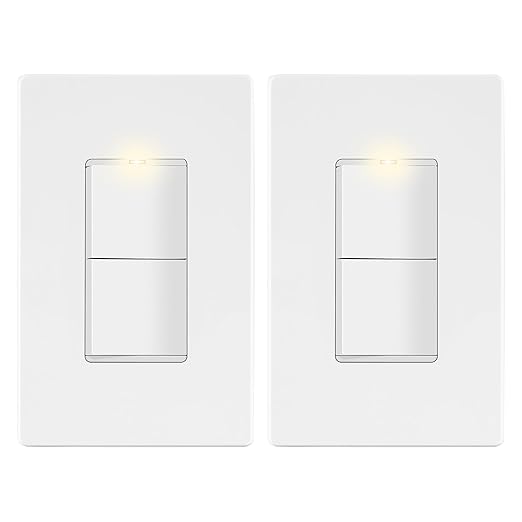 LIDER Matte Finish Lighted Double Switch with Screwless Wall Plate, Combination Frameless Decorator Switch with Locator Light, Ground Terminal Single Pole, 15A 120V, UL Listed, White, 2 Pack