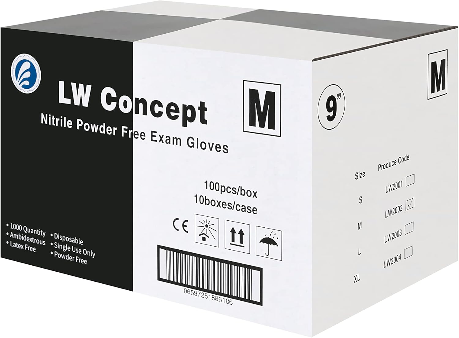 LW Concept - Black Nitrile Examination Gloves - Latex & Powder-Free, Disposable, Strong, Healthcare, Food Handling (Medium)