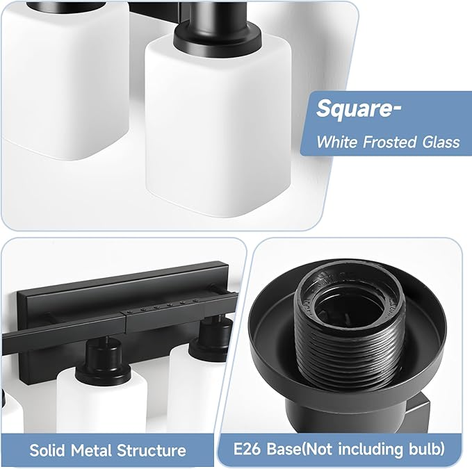 8 Light Bathroom Vanity Light,Modern Matte Black Bathroom Light Fixtures Over Mirror with Square Frosted Glass,Wall Sconces for Restroom,Living Room Hallway E26