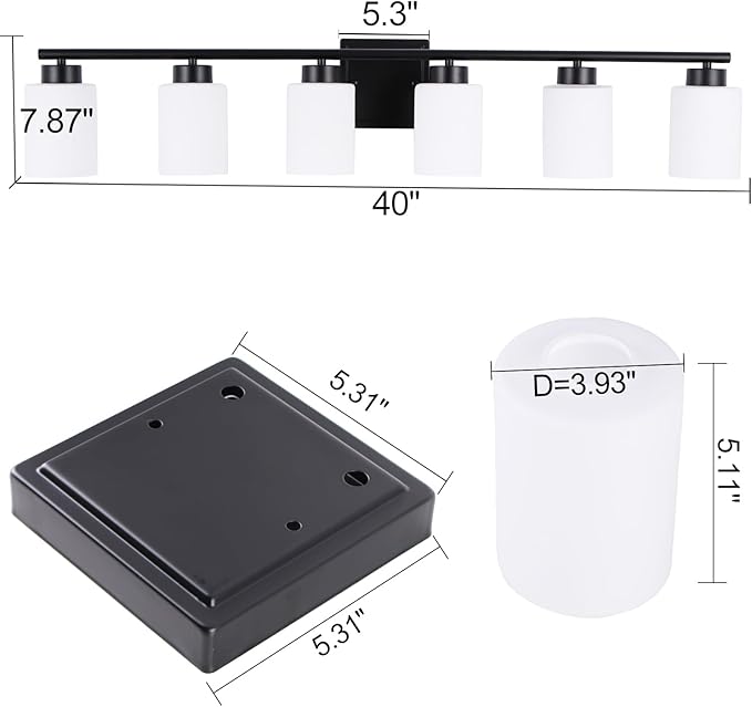 6 Light Bathroom Light Fixtures, 40 Inches Vanity Lights for Mirror, Black Vanity Lighting Fixtures with Milky White Glass Shades