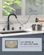 APPASO 2 Handle Kitchen Faucet, 4 Hole Black Kitchen Sink Faucet with Soap Dispenser, Modern High Arc 3 Hole Faucet for Kitchen Sink