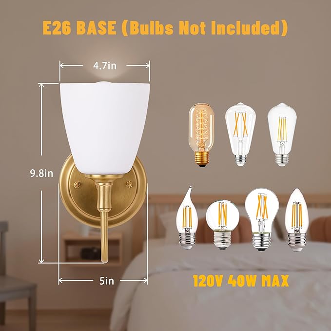 Gold Wall Sconces Vintage Bathroom Vanity Light Fixtures Frosted Milk Glass & Brass Base Indoor Wall Mount Light for Living Room,Bedroom, Bathroom, Mirror, Hallway, Stairway (Bulb not Included)