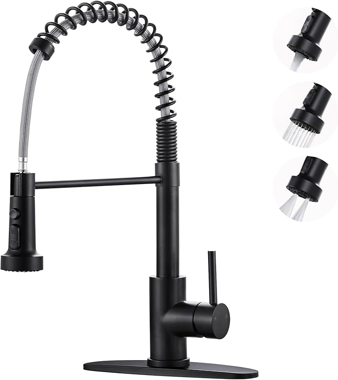 Kitchen Faucets with Pull Down Sprayer: Matte Black 3-Function Kitchen Sink Faucets for 1 or 3 Hole - Stainless Steel Single Handle Spring Kitchen Faucets with Deck Plate for Farmhouse RV Laundry
