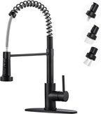 Kitchen Faucets with Pull Down Sprayer: Matte Black 3-Function Kitchen Sink Faucets for 1 or 3 Hole - Stainless Steel Single Handle Spring Kitchen Faucets with Deck Plate for Farmhouse RV Laundry