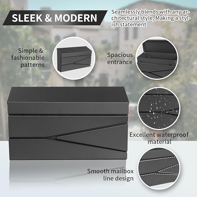 Wall Mount Mailbox, Large Capacity Mailbox for House, Galvanized Steel Rust-Proof Metal Post Box Drop， Mailboxes for Outside, 15.74"×9.84"×4.33", Black Modern Sleek Style