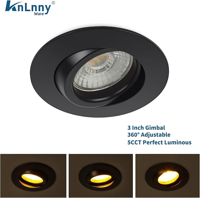 Black 3 Inch Recessed Lighting 6 Pack, Ajustable Eyeball recessed Light with Junction Box,5 Color Selectable,Airtight,7W 550LM,Dimmable,Black
