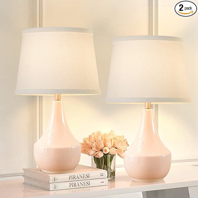 GyroVu Table Lamp Set of 2, 18.63” Ceramic Lamp Classic Beside Lamps Nightstand Lamp Modern Bedside Lamp for Living Room, Bedroom & Office Rocker Swtich Pink-LED Bulbs Included